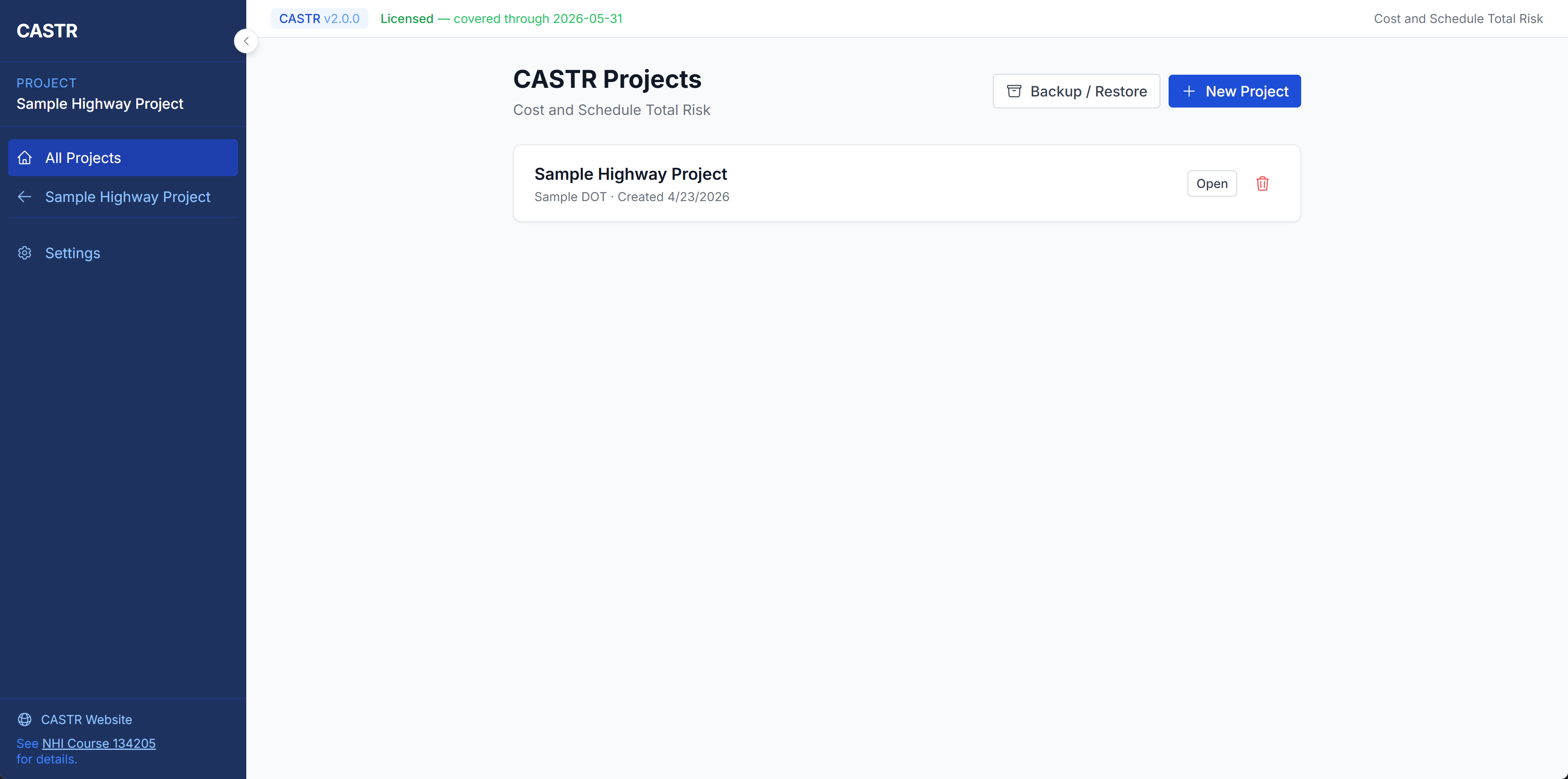 CASTR Project List - Home page showing project cards