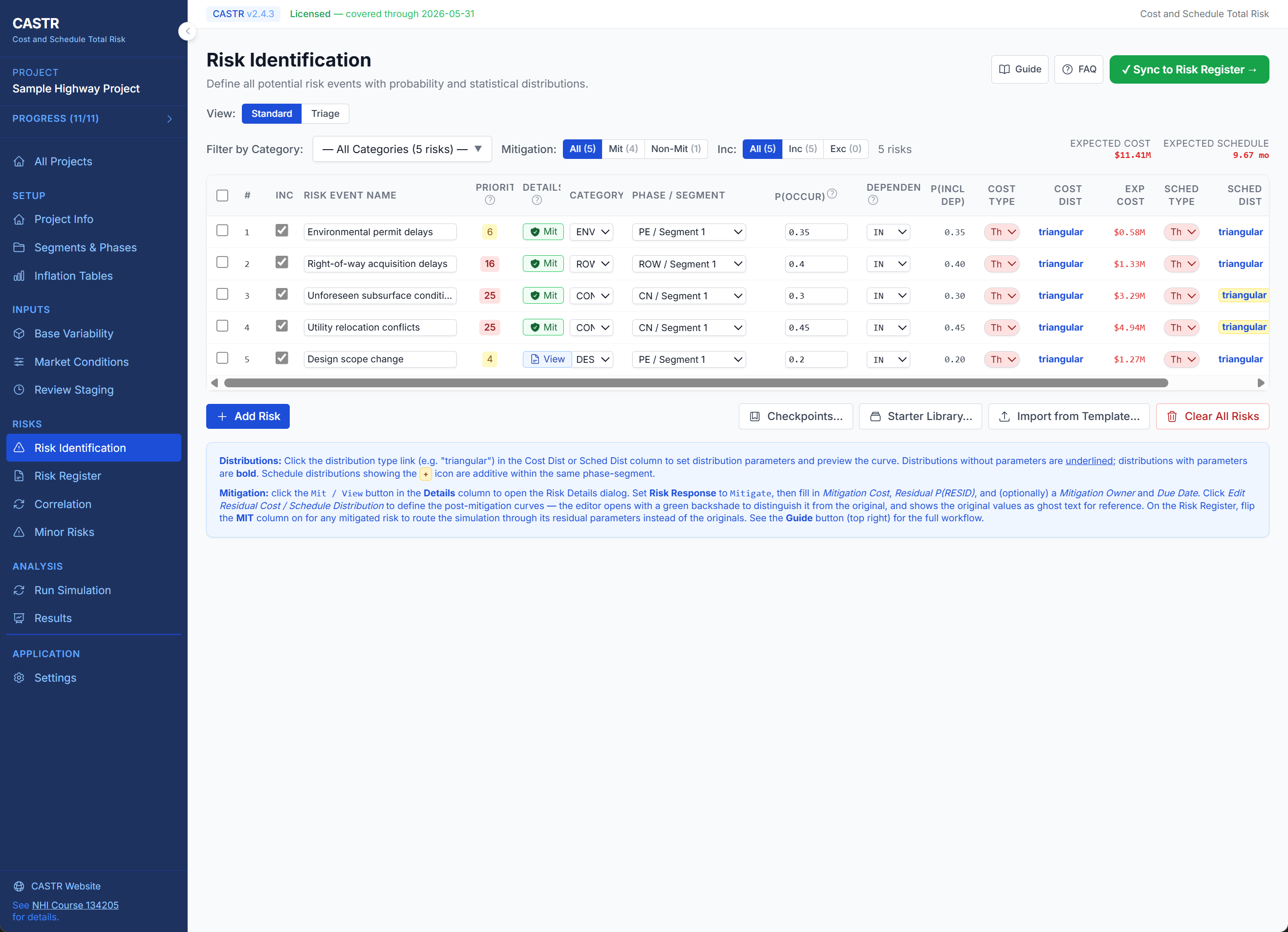 CASTR Risk Identification page with risk table