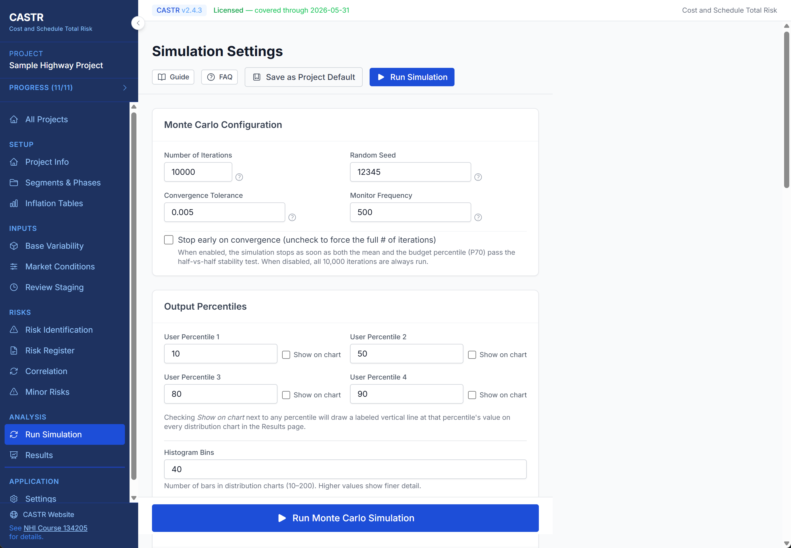 CASTR Simulation Settings with run mode options