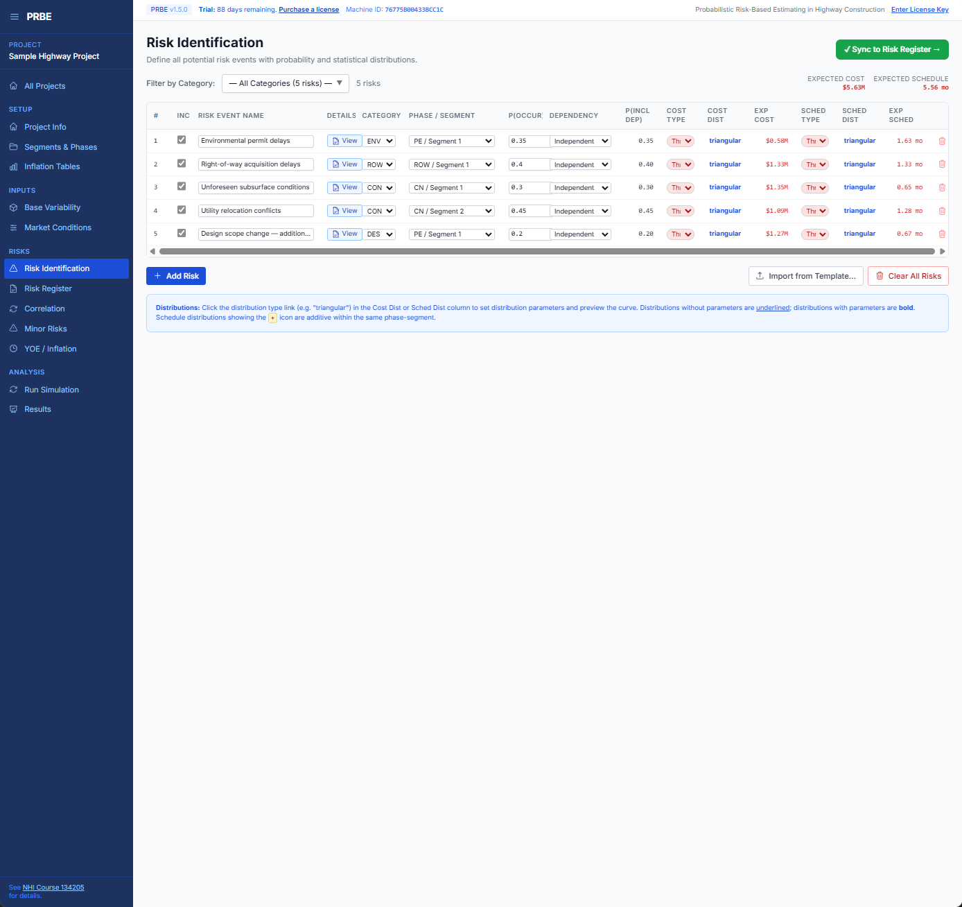 PRBE Risk Identification page with risk table